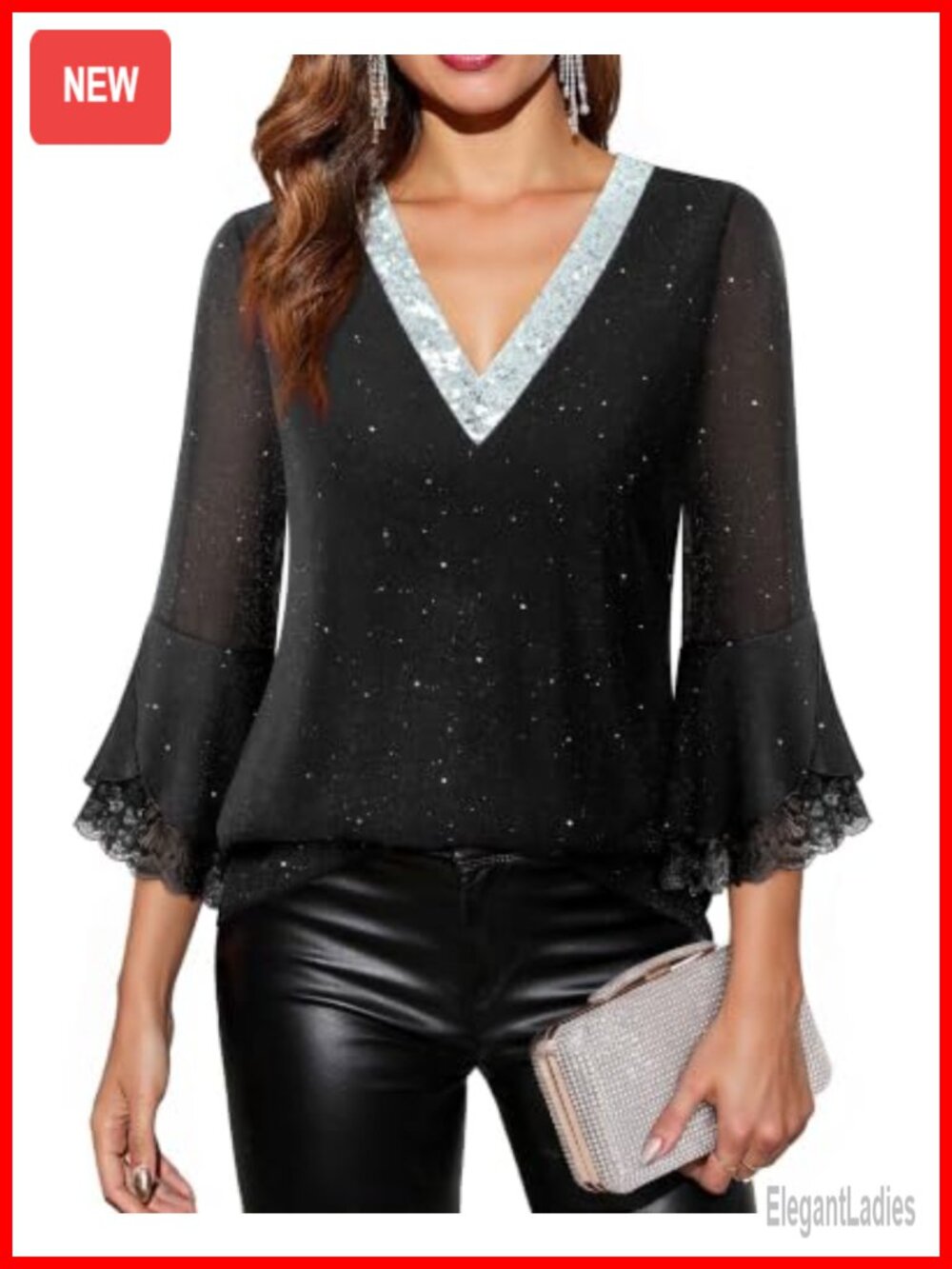 Sequin V Neck Lace Petal 3/4 Sleeve Sparkly Blouse